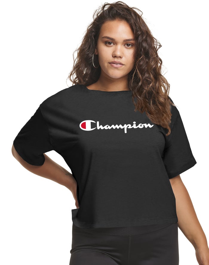 Champion T-Shirt Dames - Zwart - Plus Cropped Script C Logo ( 831069-SOH )